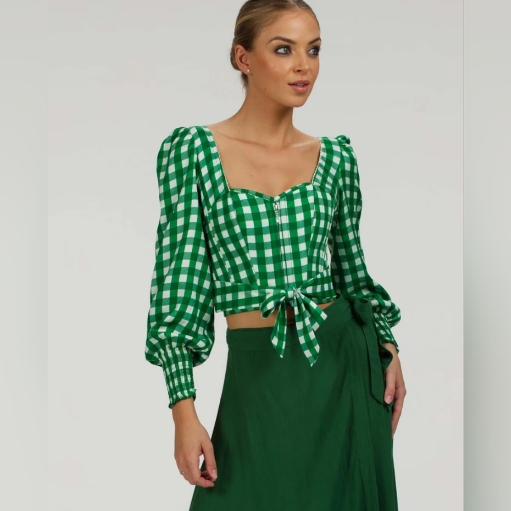 Green Gingham Tie-Front Puff-Sleeve Crop Top